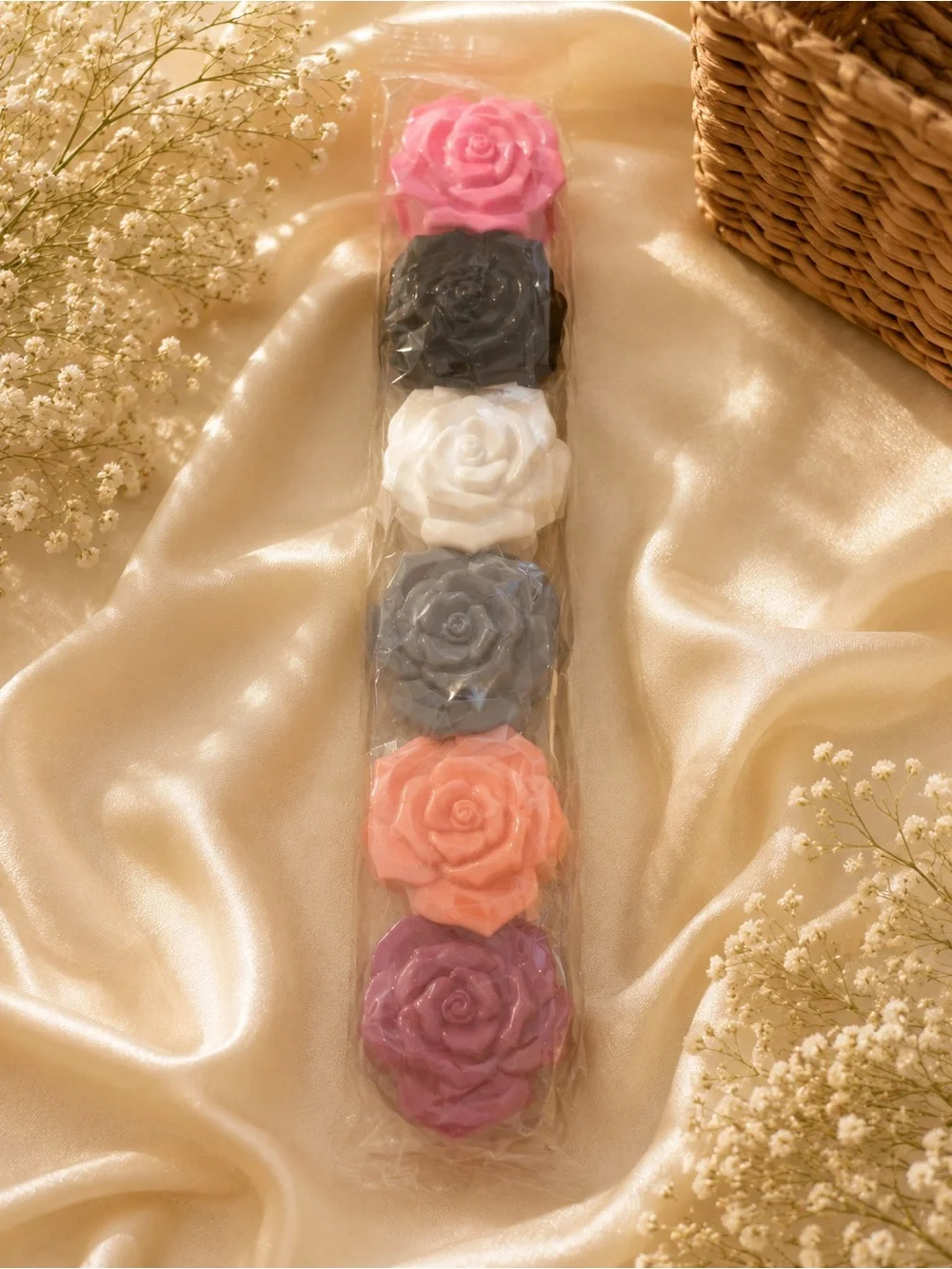 6 flower hair clips pink, black, white and gray